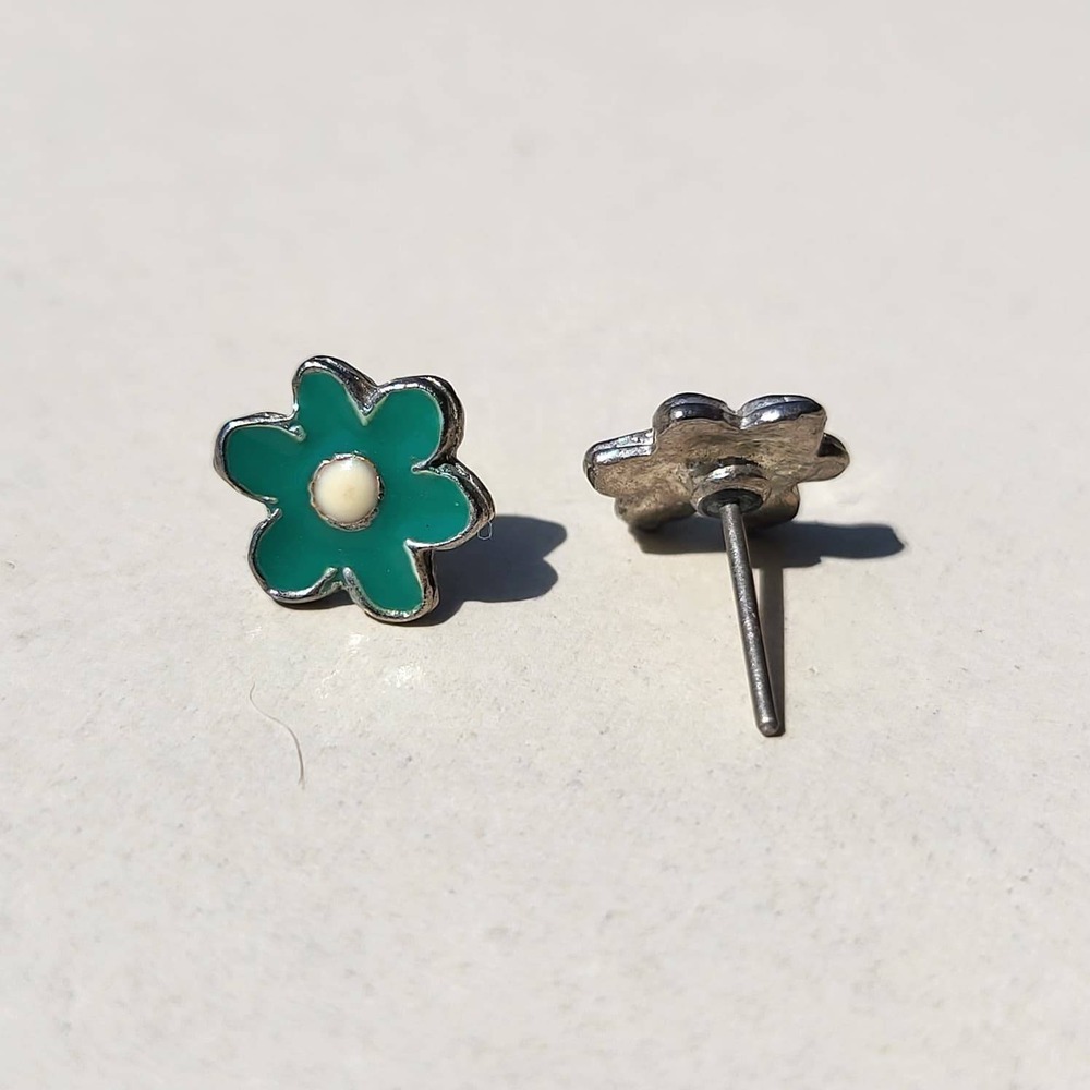 Vintage Enamel Flower Stud Earrings Green Teal Small Floral
